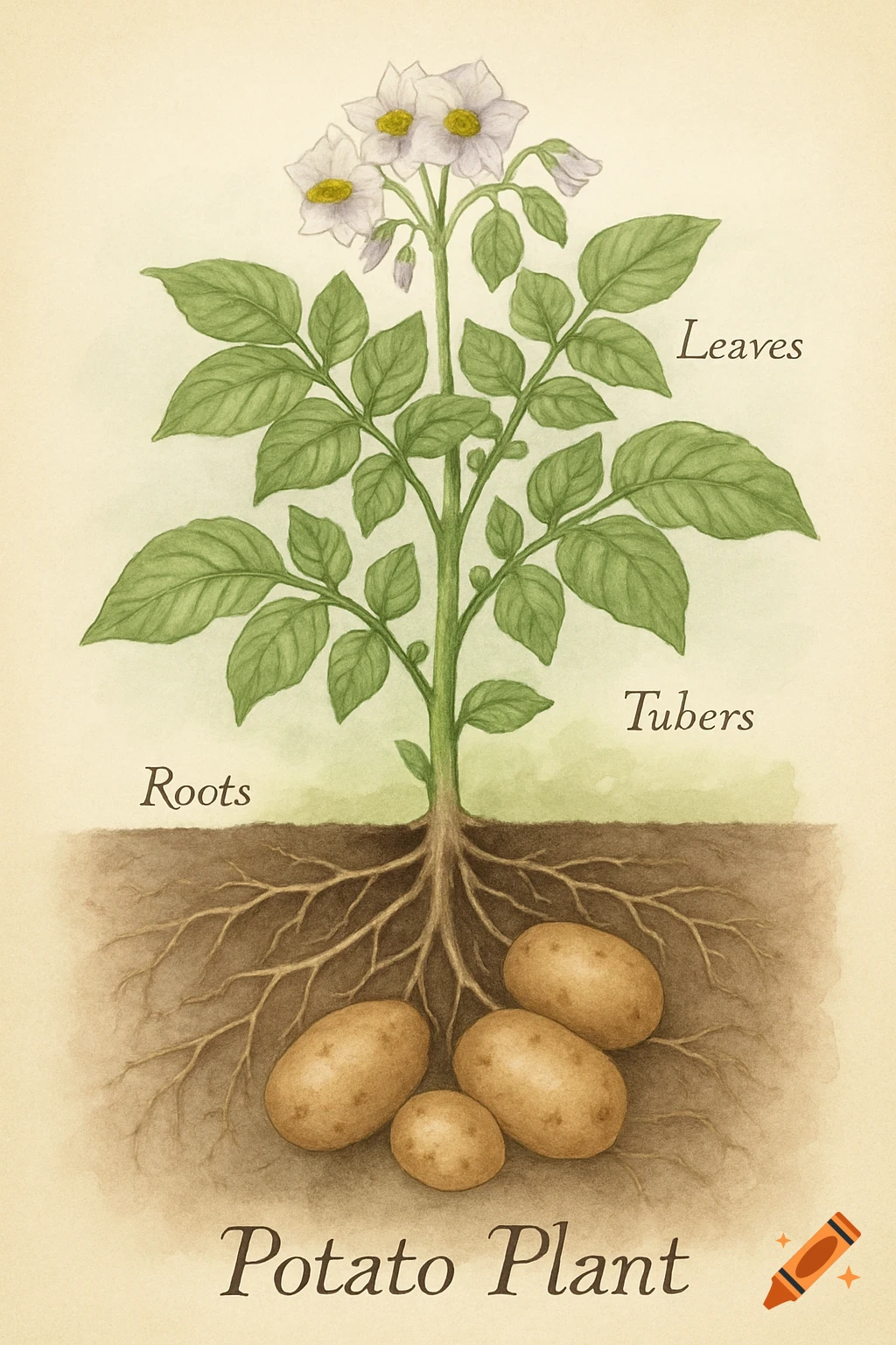 Watercolor botanical illustration of a potato plant, showing roots, tubers, stem, leaves, and flowers, all labeled.