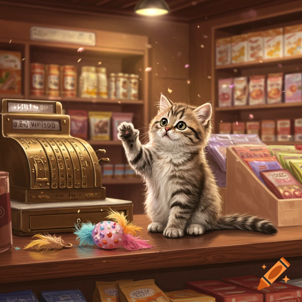 A cute tabby kitten with paws raised sits on a counter in a pet store next to a cash register and a colorful toy, looking up. Digital art.