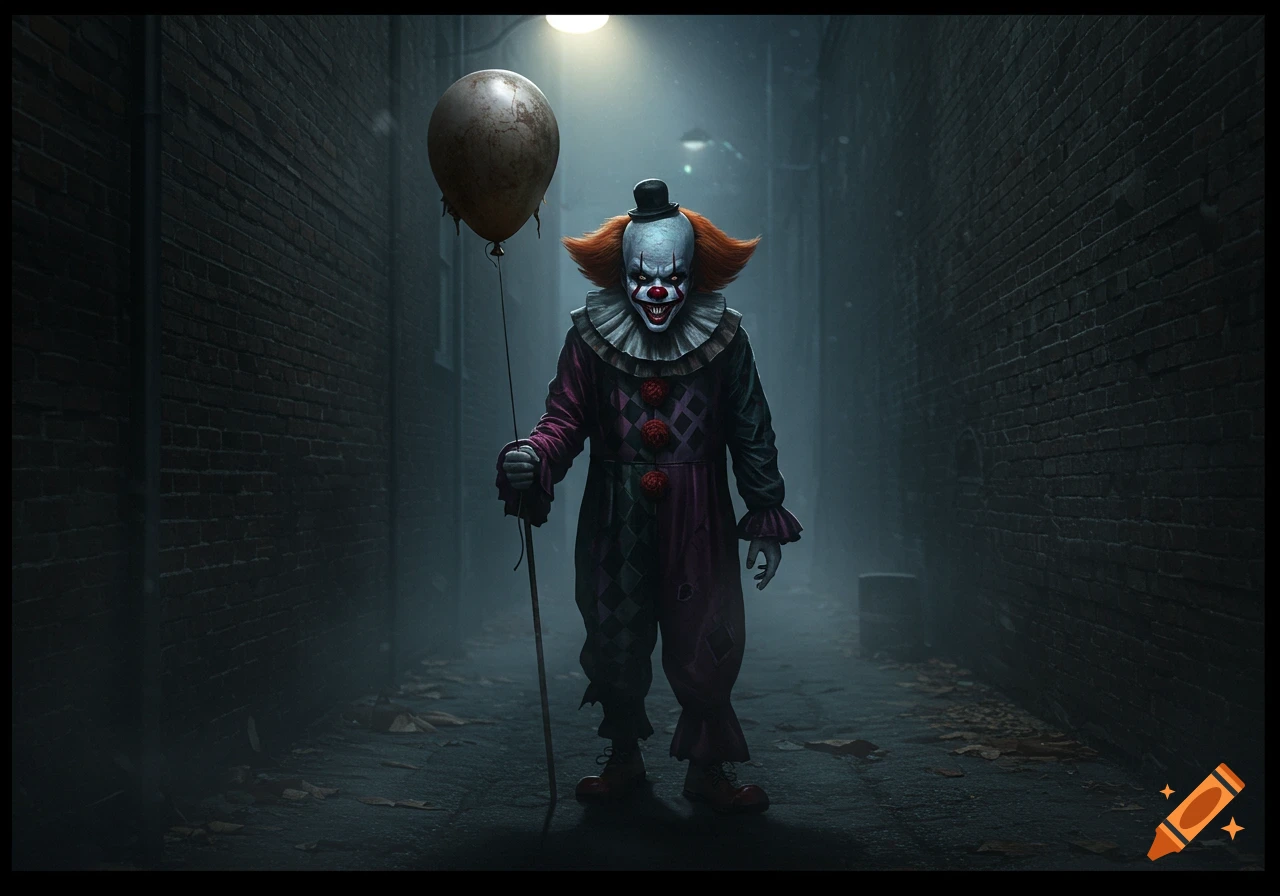 A creepy clown with a ruffled collar and red hair holds a dirty balloon in a dark, foggy brick alley.