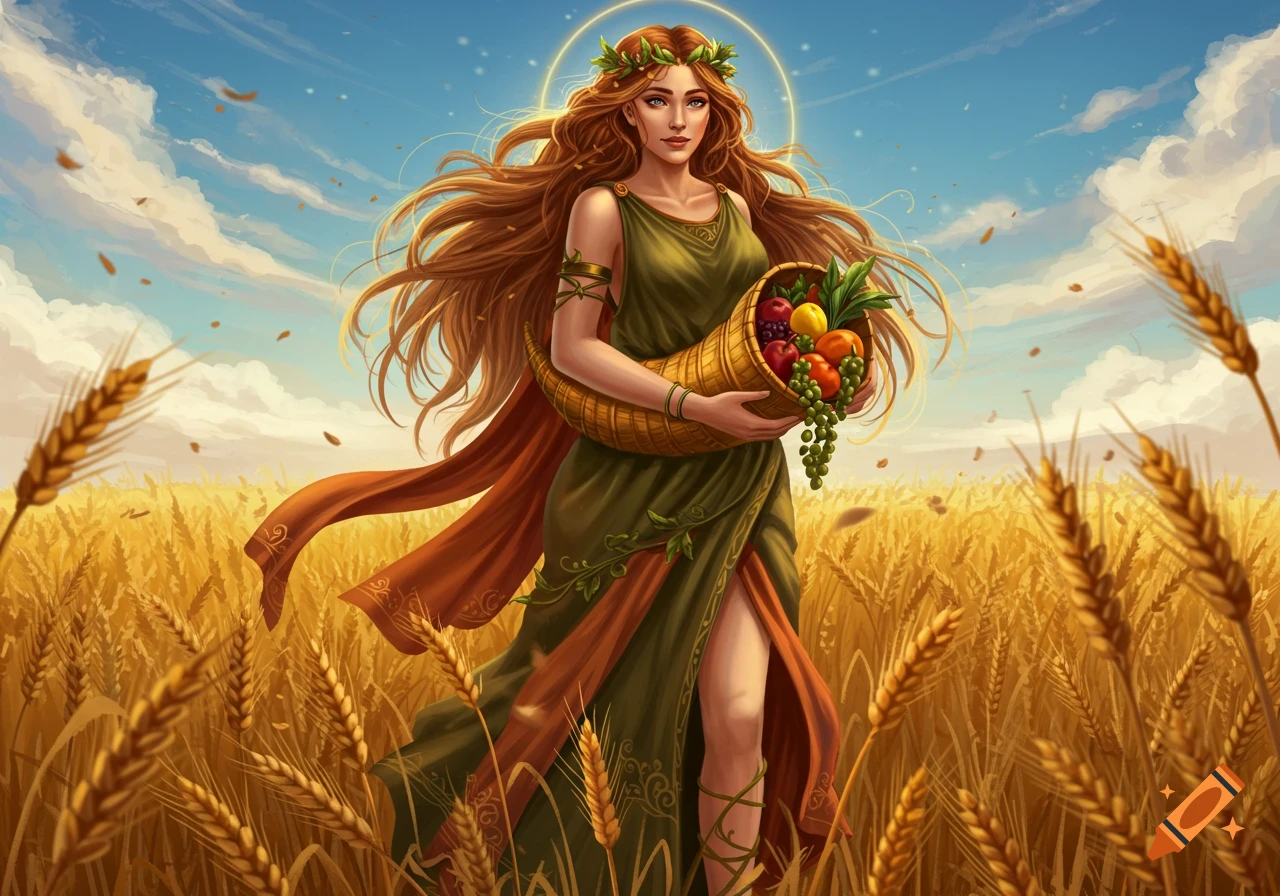A goddess with long auburn hair stands in a golden wheat field, holding a cornucopia brimming with fruit under a blue sky.