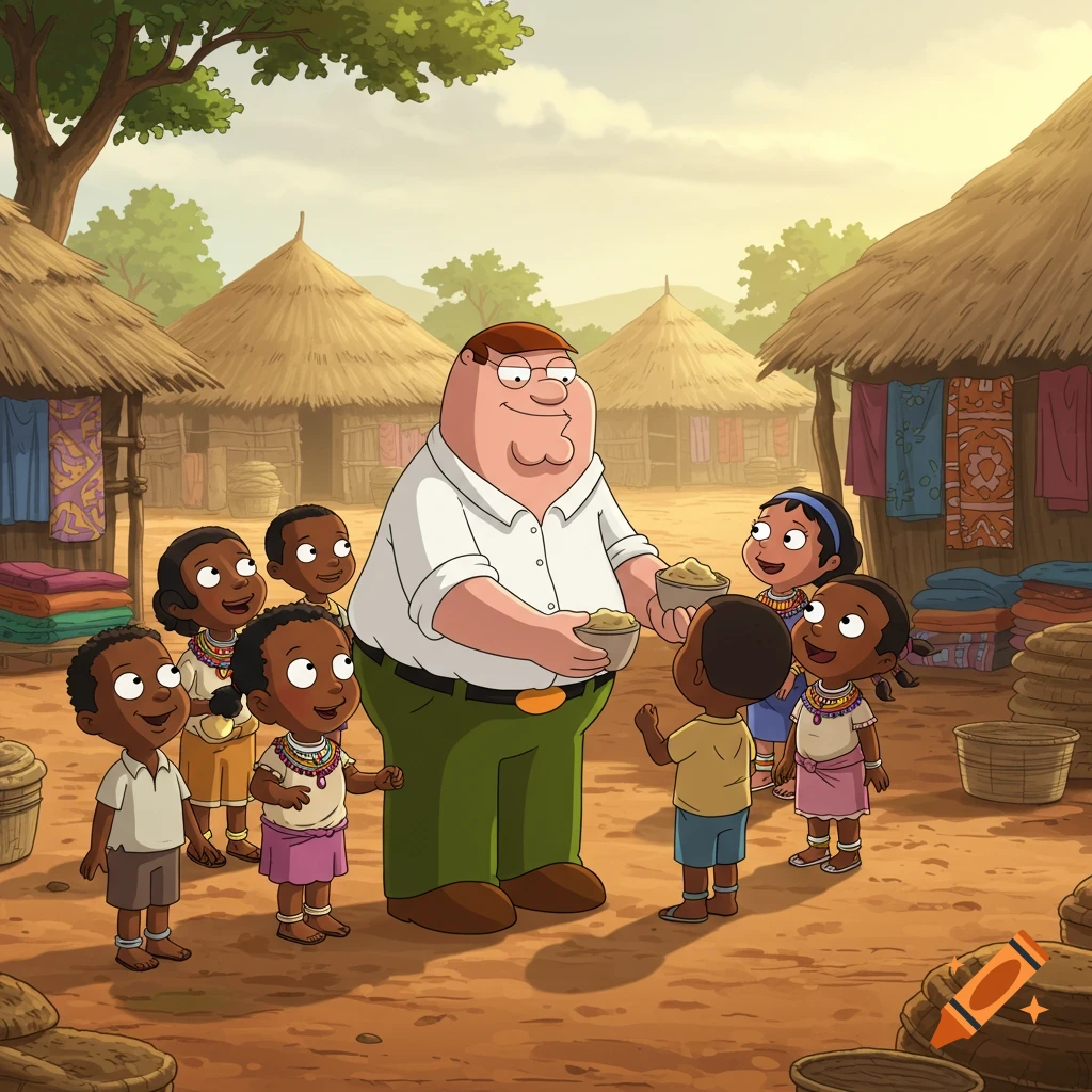 Cartoon character Peter Griffin feeding children in a sunny African village with thatched huts.