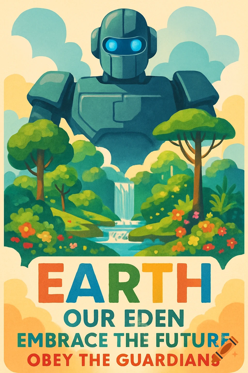 A retro-futuristic propaganda poster featuring a large robot over a lush landscape, with text: "EARTH OUR EDEN EMBRACE THE FUTURE OBEY THE GUARDIANS".