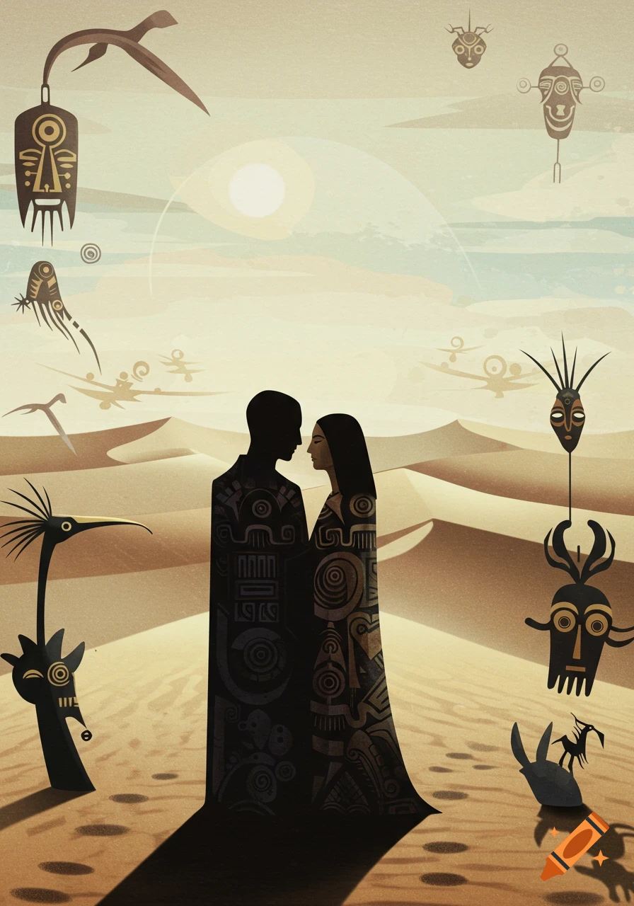 A surreal, stylized depiction of a couple's patterned silhouettes standing in a desert, surrounded by tribal masks and figures.