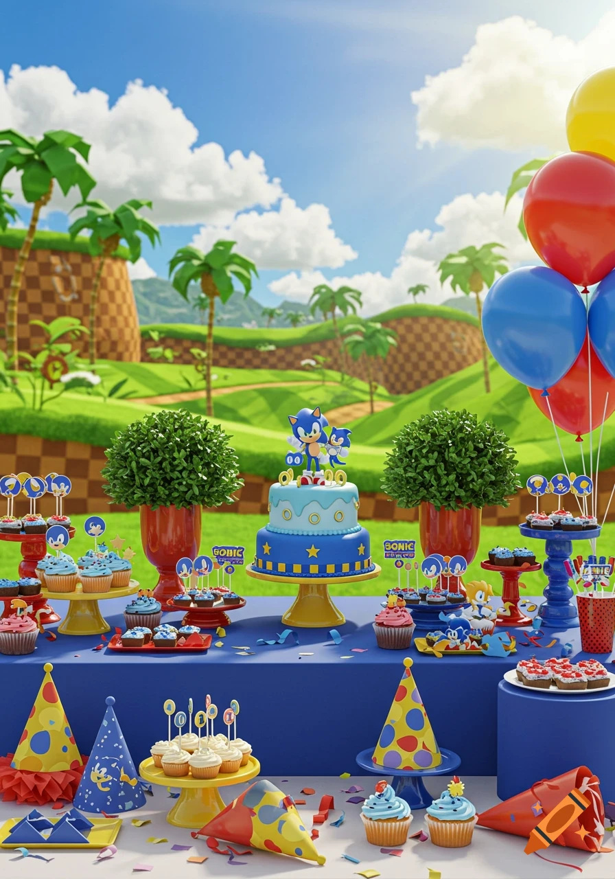 A vibrant Sonic the Hedgehog birthday party table with a two-tier cake, cupcakes, balloons, and party hats set against the Green Hill Zone background.