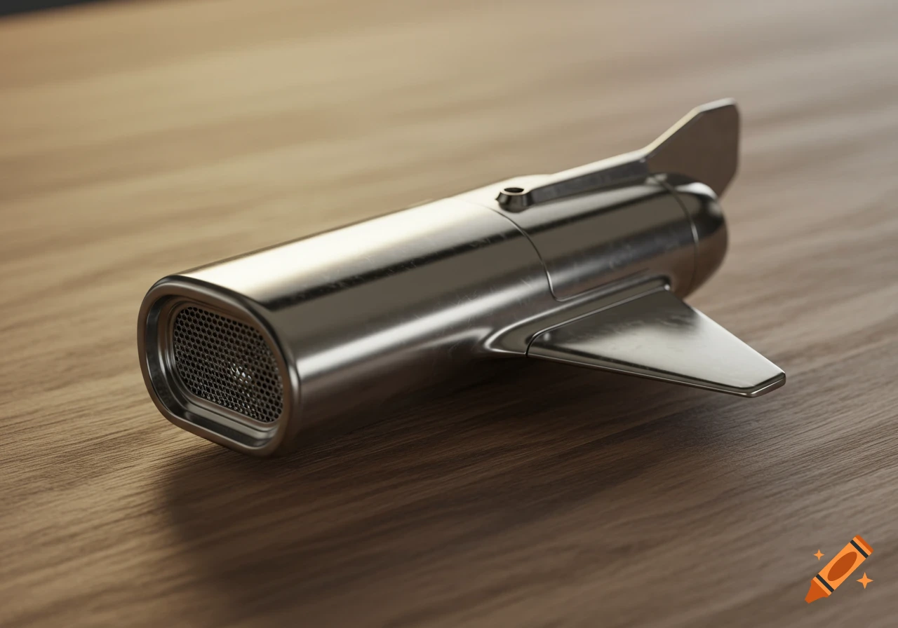 A sleek, silver metallic rocket-shaped object with fins and a mesh grille at the front, resting on a wooden table.