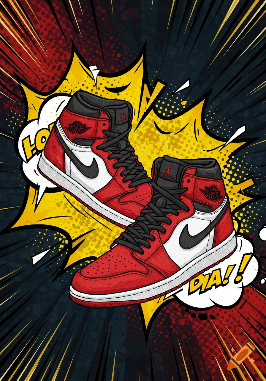Two red and black Air Jordan sneakers in a vibrant comic book style with explosion effects and speech bubbles.