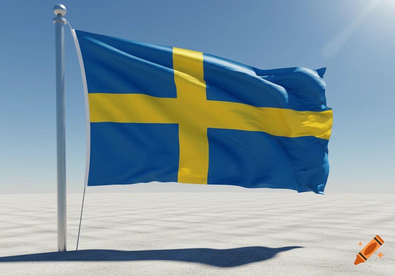 A wavy Swedish flag on a flagpole casts a shadow on a white textured ground under a clear blue sky.
