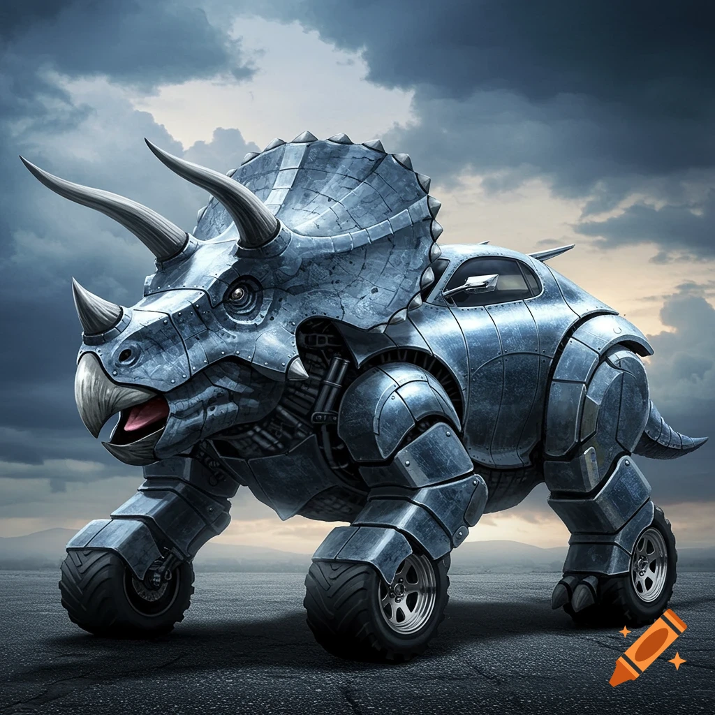 A detailed metallic, armored Triceratops with car wheels for feet stands on a road under a dramatic cloudy sky.