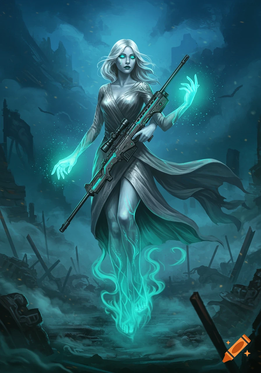 An ethereal ghost woman with glowing cyan hands and feet, holding a modern sniper rifle, stands in a desolate, ruined landscape under a dark sky.