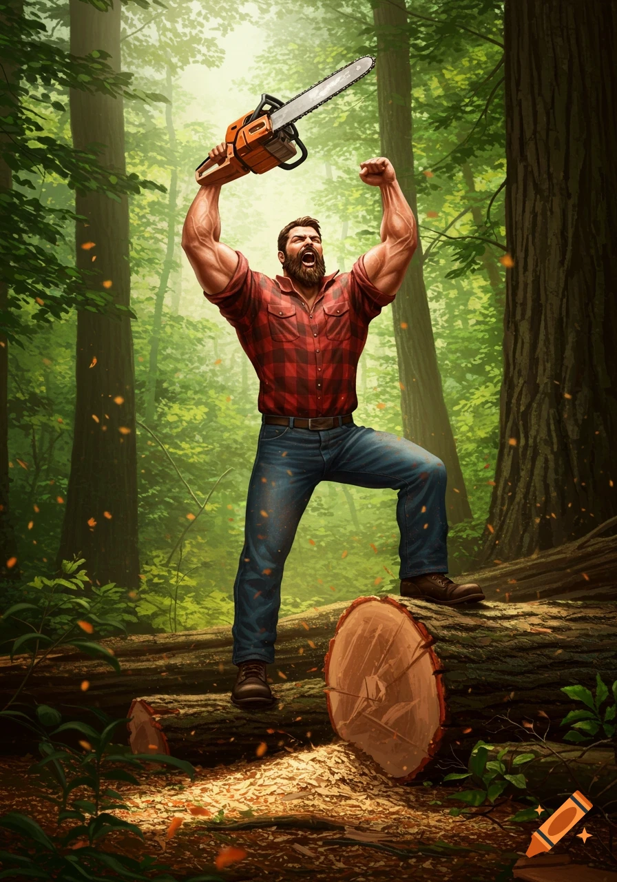 Muscular lumberjack jubilantly holds a chainsaw overhead, standing on a cut log in a sunlit forest.