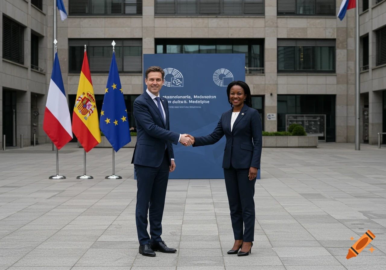 Two people in suits shaking hands in an outdoor plaza with national and European Union flags, in front of a modern building.