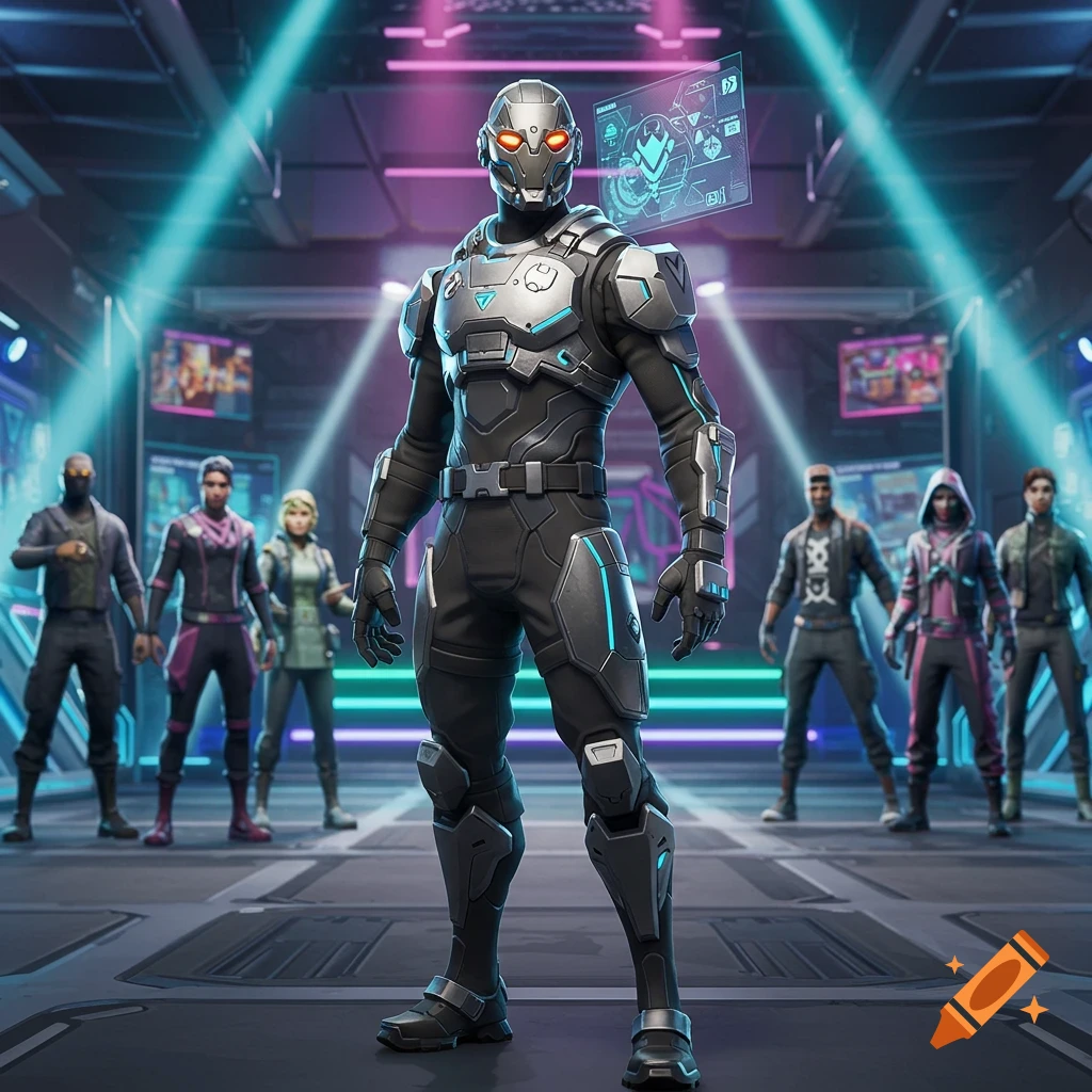 A group of diverse characters in futuristic armor and outfits stand in a neon-lit game lobby, with a central armored figure.