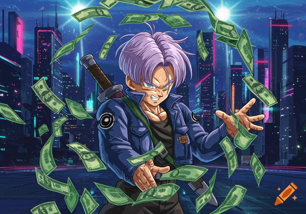An anime character, Trunks from Dragon Ball, with purple hair, blue jacket, and a sword, stands in a city at night with money bills flying around him.