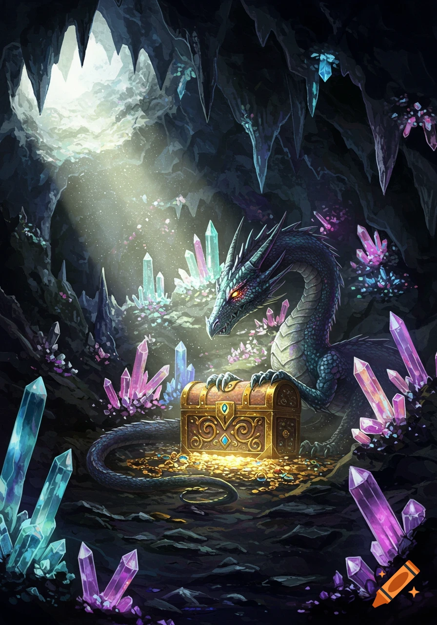A majestic dark dragon guards a glowing golden treasure chest within a shimmering crystal cave, with light filtering from above.
