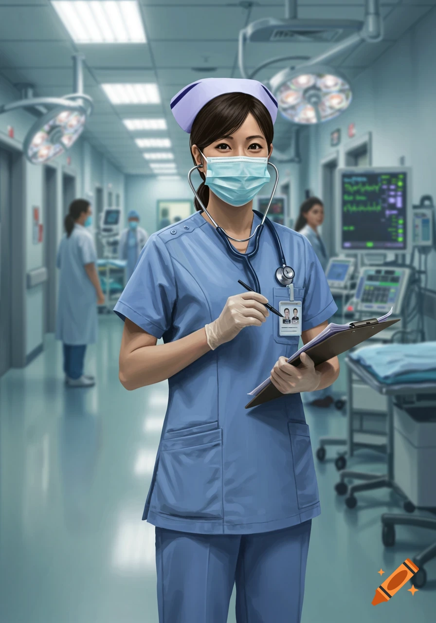 A digital painting of a female nurse wearing scrubs, a mask, and a stethoscope, holding a clipboard in a hospital hallway.