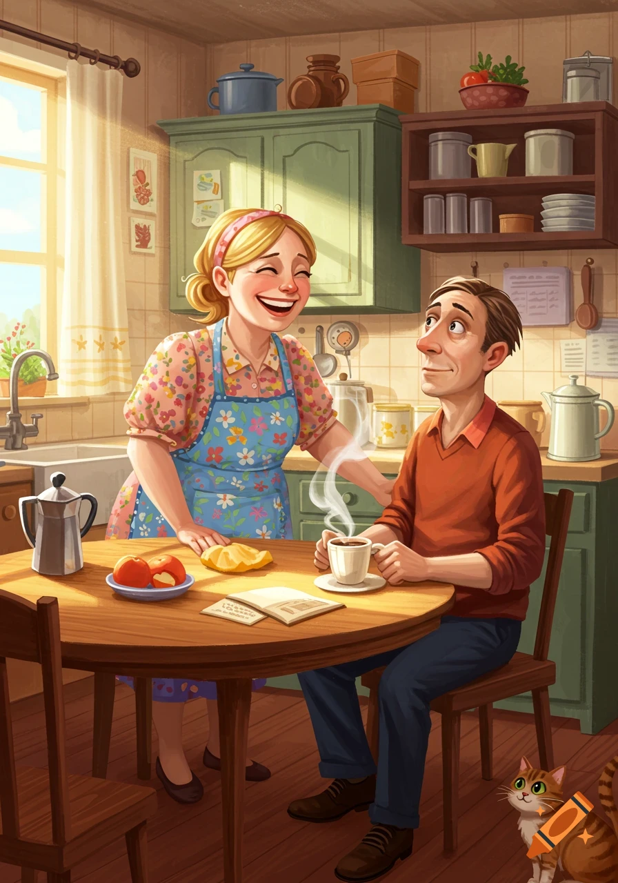 A smiling woman in an apron stands over a man drinking coffee at a sunny kitchen table. A cat looks on from below. Stylized illustration.