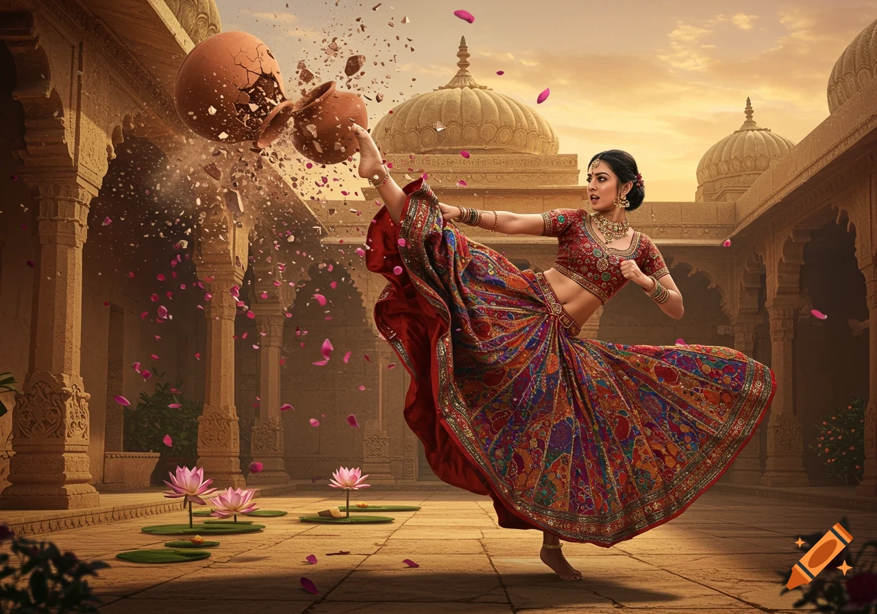 A photorealistic image of an Indian woman in a colorful lehenga dress kicking and shattering a clay pot in an ornate courtyard with lotus flowers.