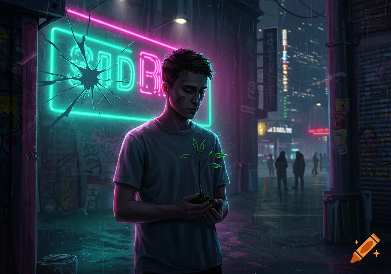 A young man holding a small plant stands in a rainy, neon-lit cyberpunk alleyway, with a shattered "SAD BO" sign behind him.