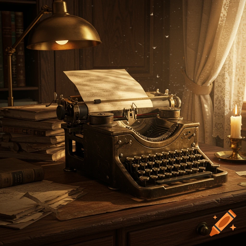An old, bronze typewriter sits on a wooden desk with a sheet of paper in its roller, illuminated by a warm brass desk lamp. Books, papers, and a lit candle are also on the desk, creating a cozy, vintage atmosphere.