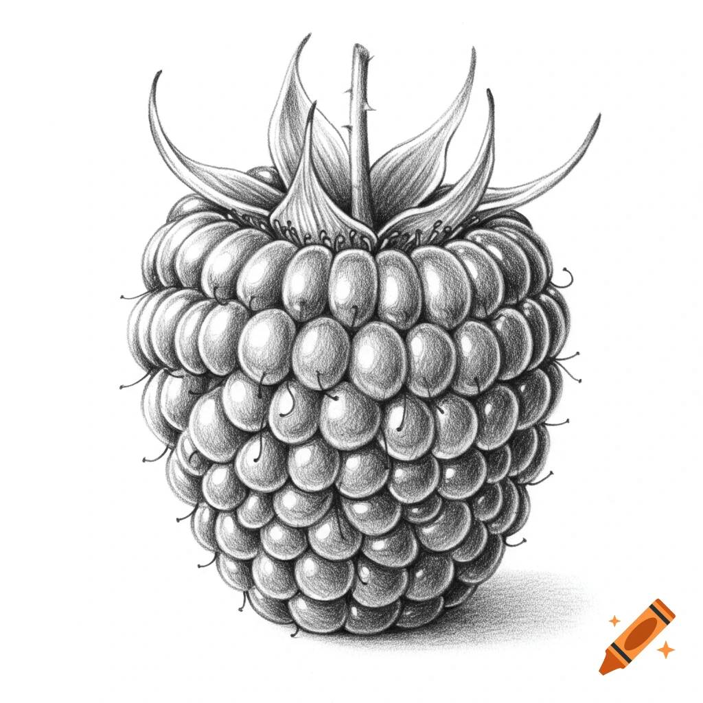 A detailed black and white pencil drawing of a raspberry with its stem and small leaves on a white background.