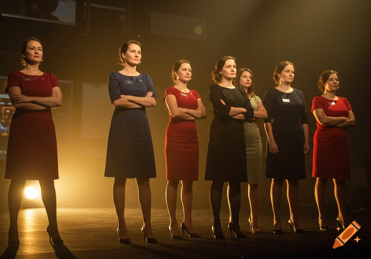 Group of confident women in tailored dresses standing on a stage with warm theatrical lighting, arms crossed.