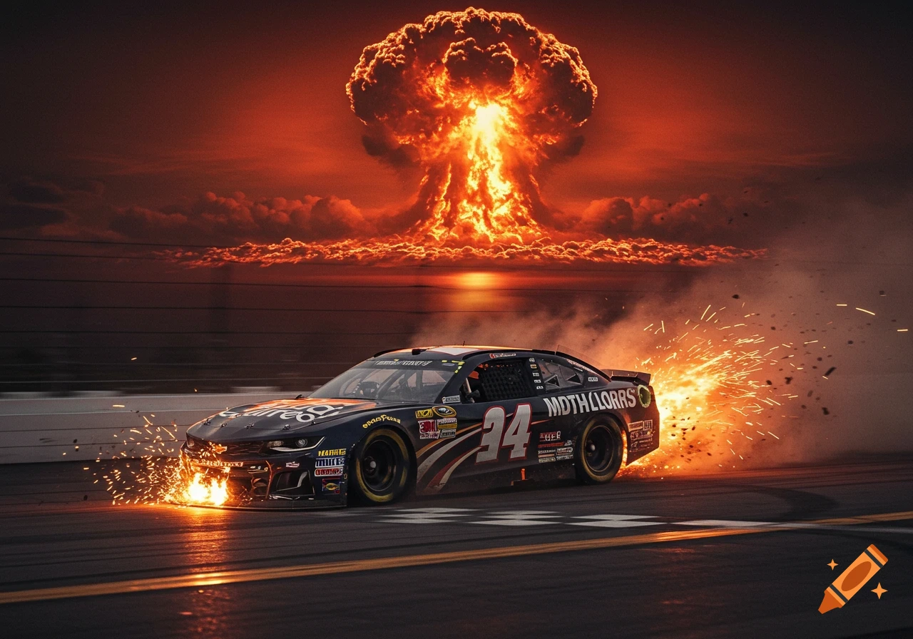 A black NASCAR stock car with number 24 on the side races on a track, emitting sparks and smoke, with a massive nuclear mushroom cloud in the background at sunset.
