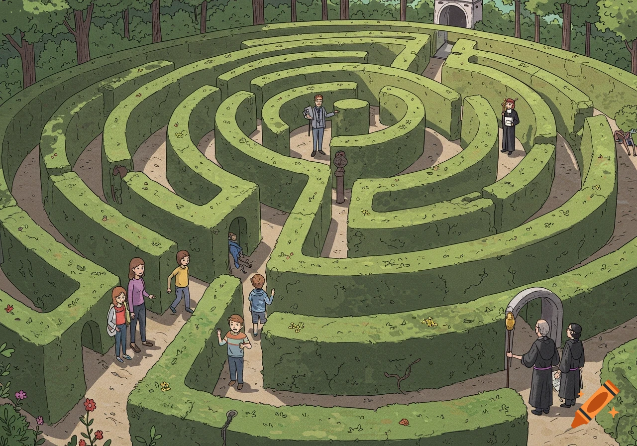 A cartoon illustration of a large hedge maze with several people, including a family, a man in a suit, and robed figures, navigating it.