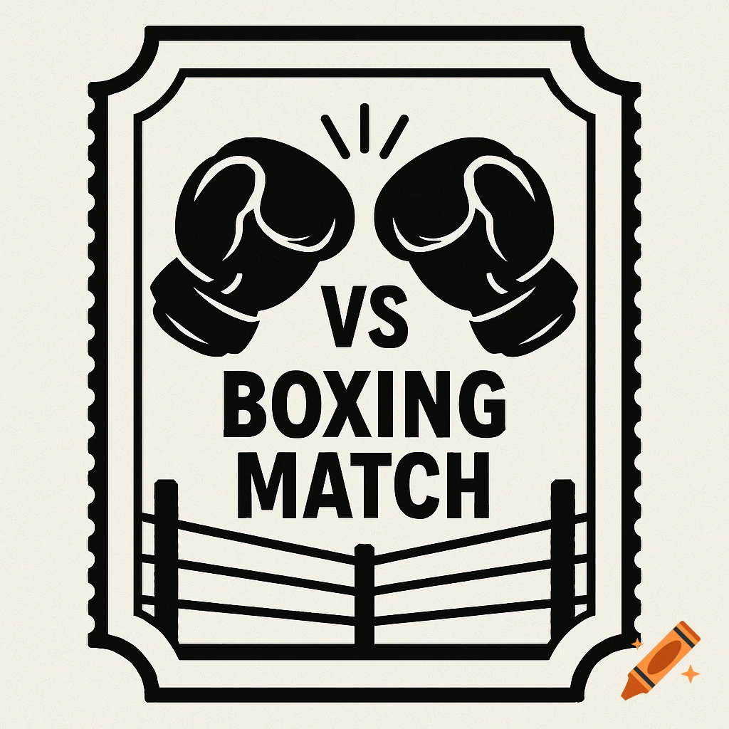 Black and white graphic of a boxing match coupon featuring gloves, 'VS BOXING MATCH' text, and a boxing ring.