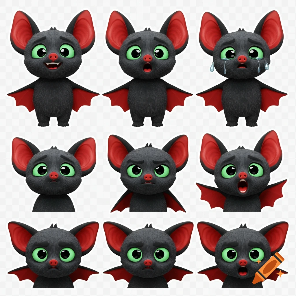 Nine cute 3D cartoon bats with black fur, red accents, and green eyes, each displaying a different emotion.