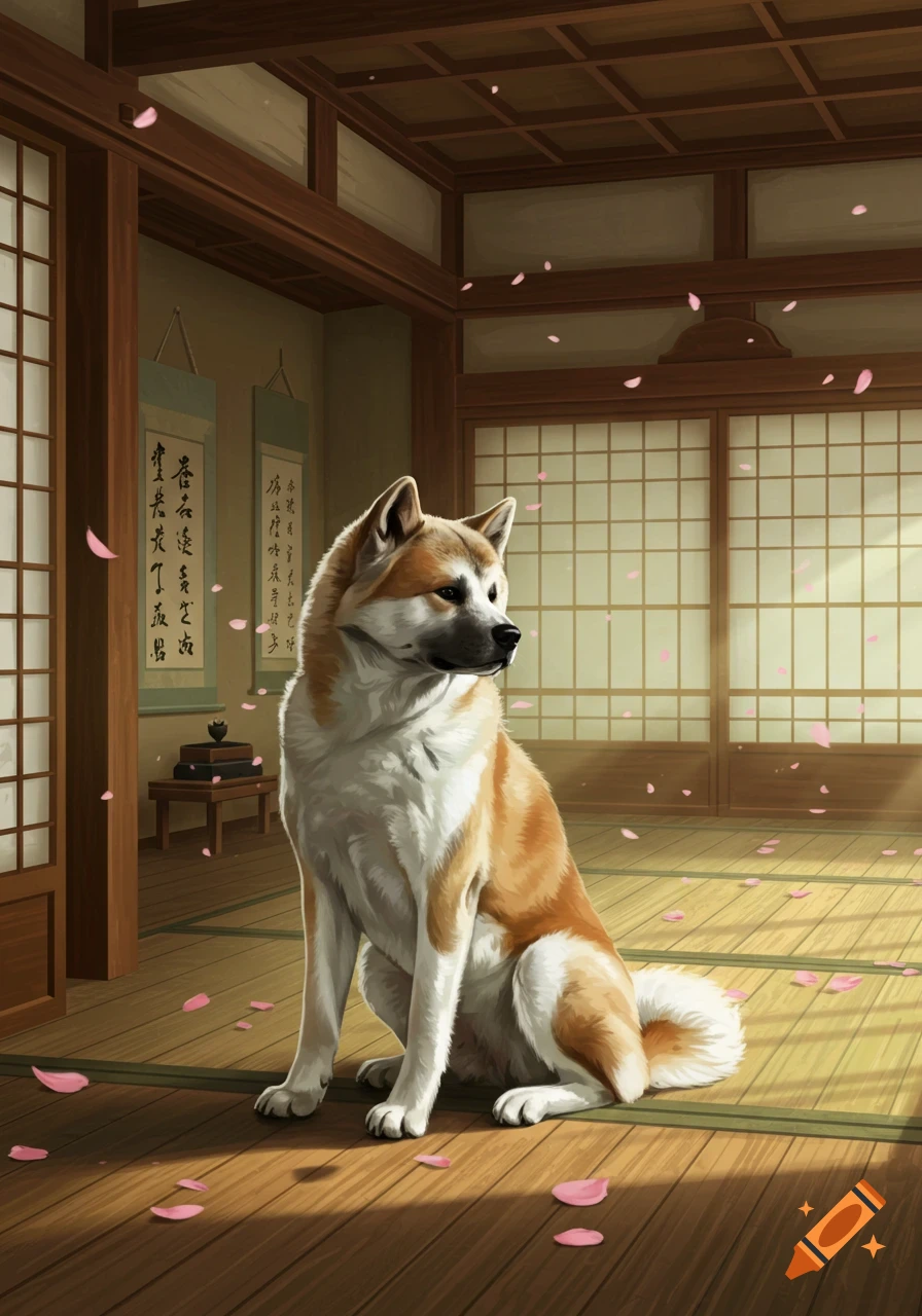 A brown and white Akita dog sits on a wooden floor in a traditional Japanese room with pink cherry blossom petals.