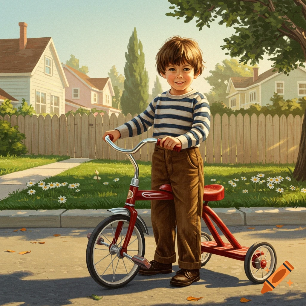 A young boy with brown hair smiles while standing next to a red tricycle on a sidewalk in a sunny suburban neighborhood.