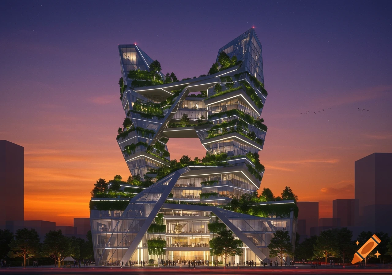 Modern, green skyscraper with unique geometric design, illuminated at dusk in a city.