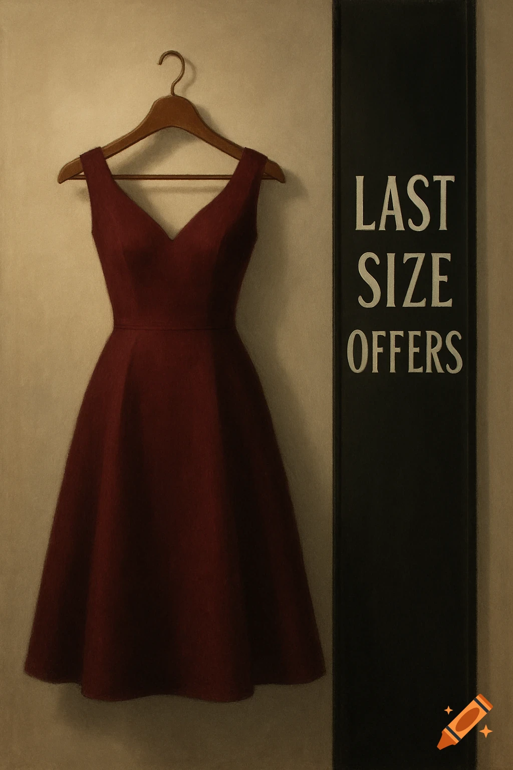 A red sleeveless dress hangs on a wooden hanger next to a black sign with white text reading 'LAST SIZE OFFERS' against a cream wall.