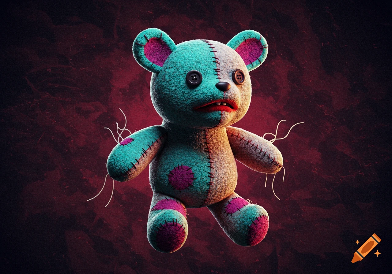 A grotesque, vintage-style stuffed teddy bear, split with teal and greyish-brown fabric, pink patches, stitches, and button eyes, against a dark red background.