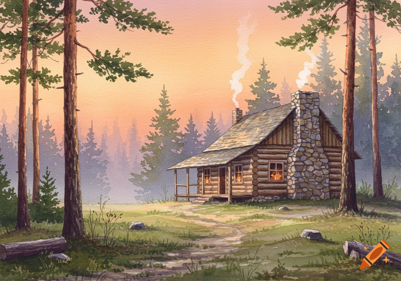 Watercolor painting of a cozy log cabin in a forest at sunrise with smoke rising from the chimney.