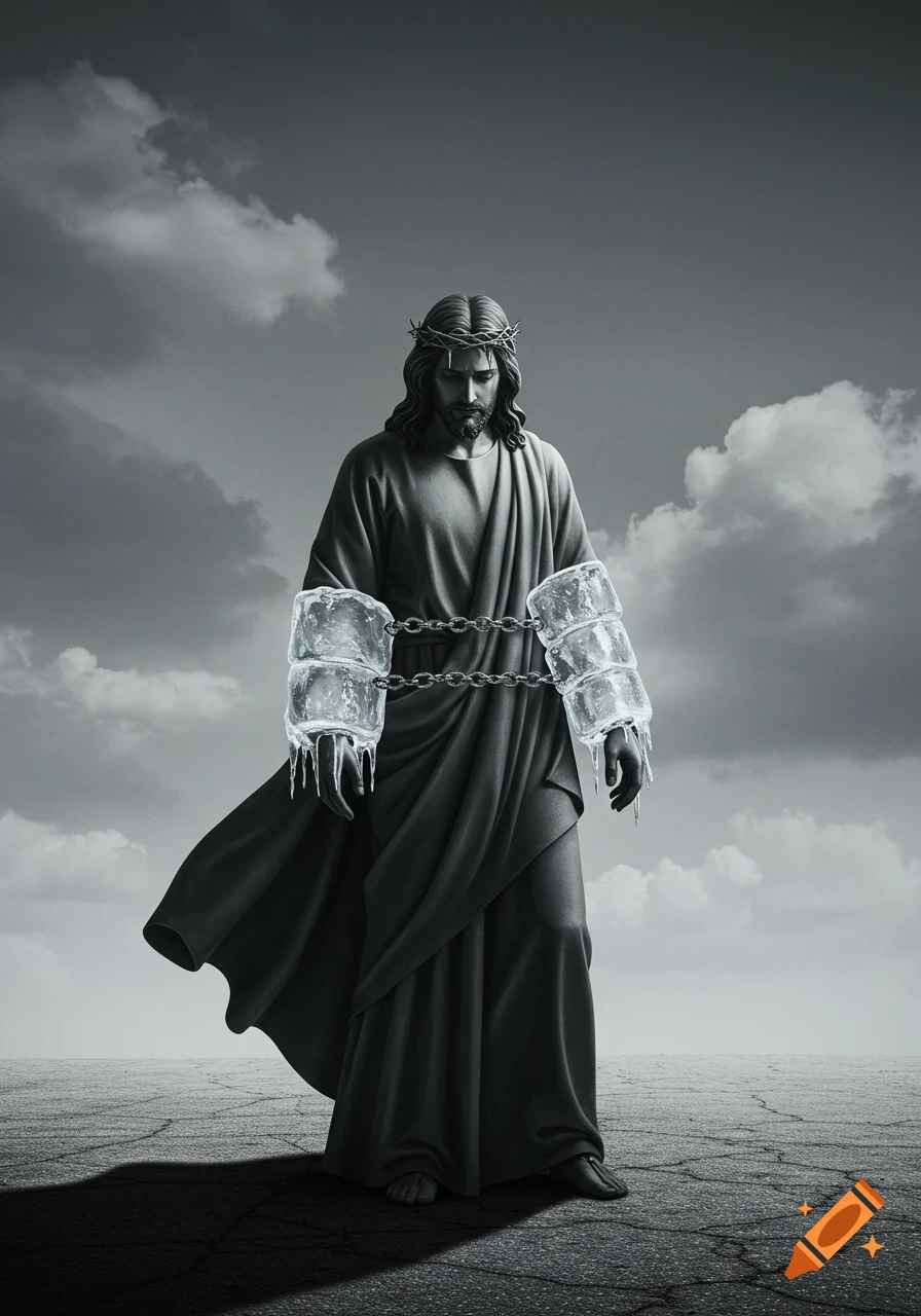 Black and white depiction of Jesus with a crown of thorns and ice shackles on his wrists, standing on cracked ground under a cloudy sky.