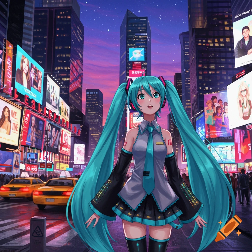 Hatsune Miku, an anime character, stands in a vibrant, neon-lit New York City street with tall buildings and yellow taxis.