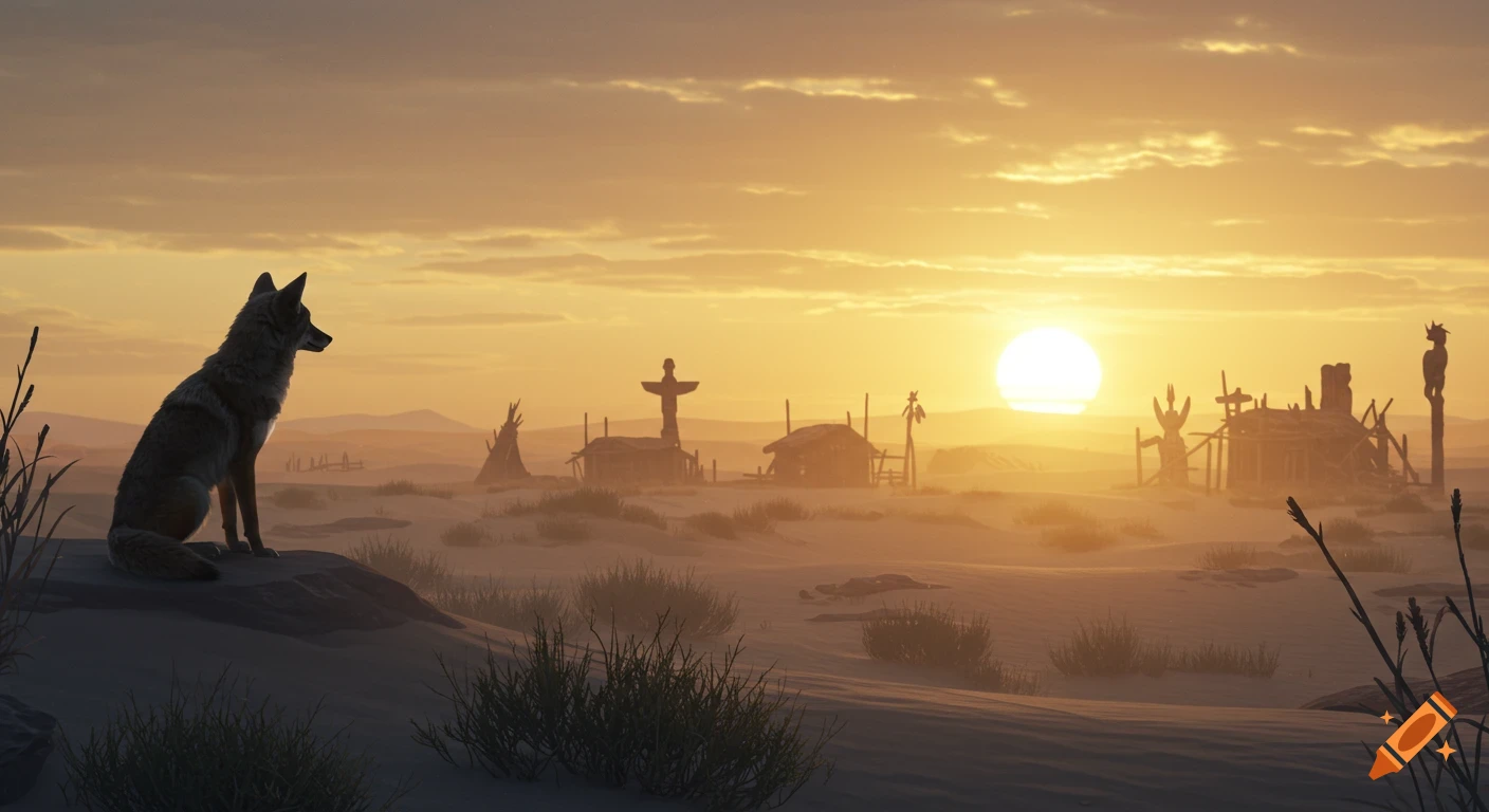 A realistic image of a coyote sitting on a dune in a desert at sunrise, looking towards faint silhouettes of a Native American reservation in the distance.