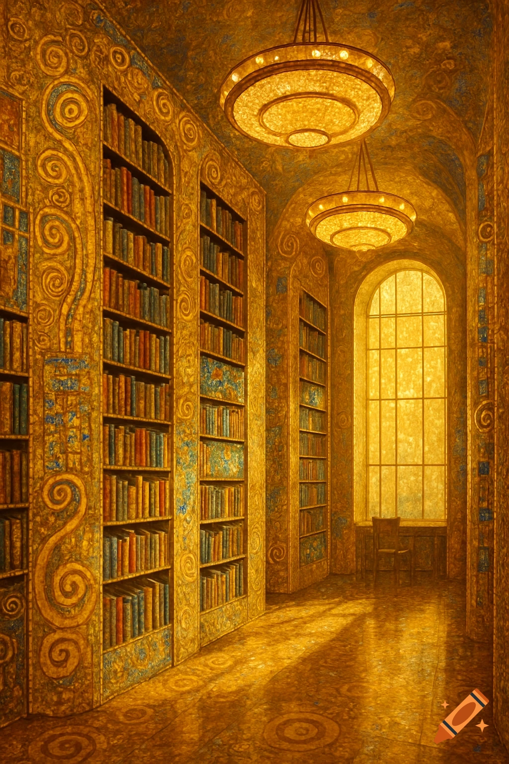 A lavish library hall with gold and blue decorative patterned walls, full bookshelves, two large chandeliers, and a bright arched window.