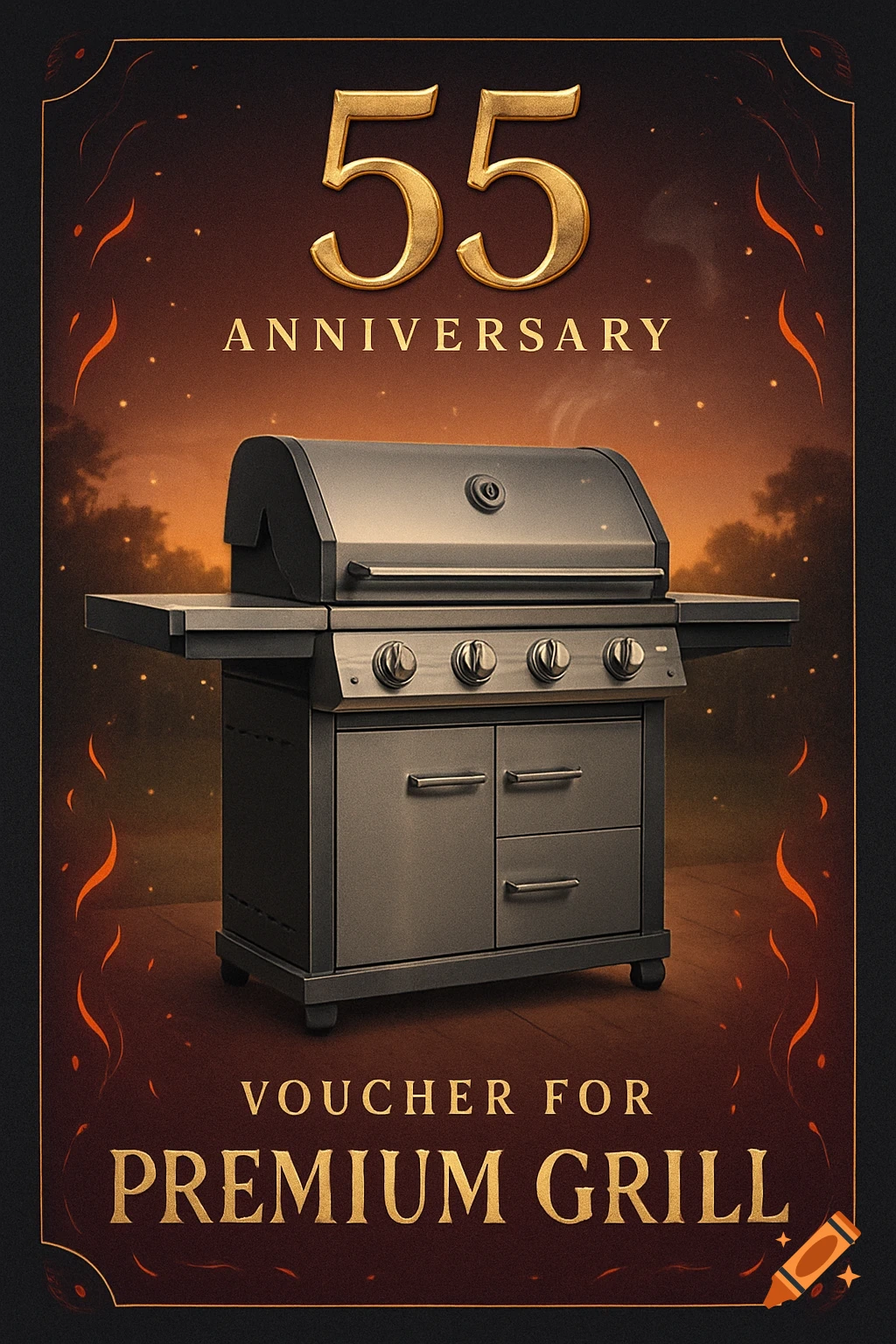 A dark and orange voucher for a premium grill with '55 ANNIVERSARY' and 'VOUCHER FOR PREMIUM GRILL' text.