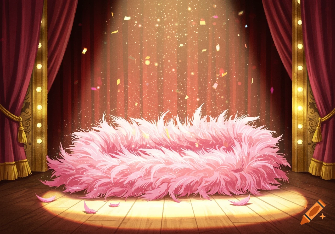 A pink feather boa on a spotlighted wooden stage with red curtains and falling confetti in an illustrative style.