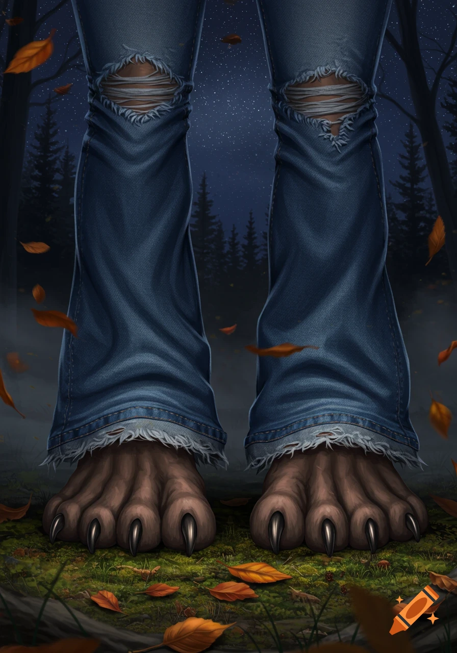 Werewolf feet with sharp claws in ripped blue jeans, standing on a mossy forest floor with autumn leaves at night. Illustration.
