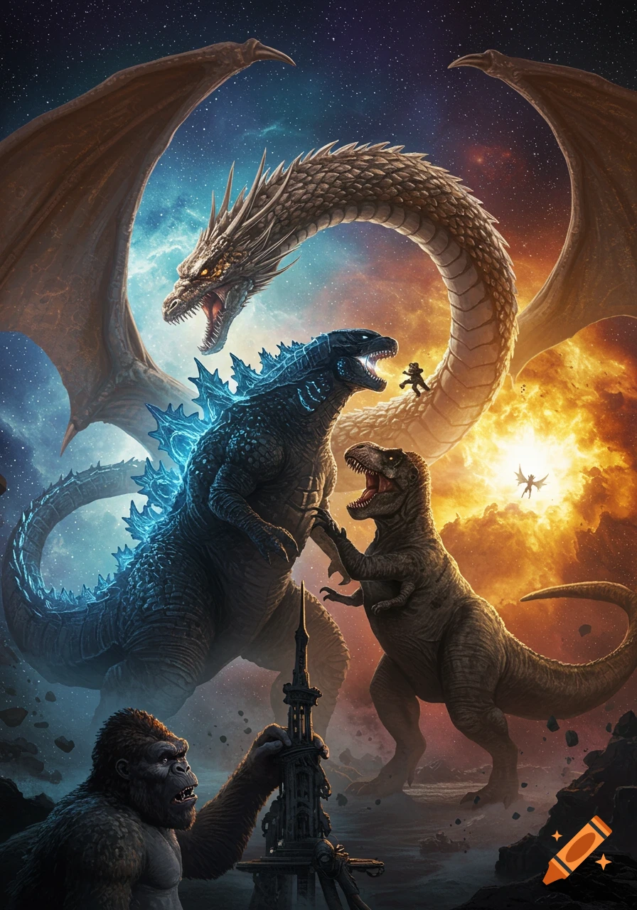 Godzilla and a T-Rex confront a huge dragon with King Kong in the foreground, set against a cosmic backdrop.