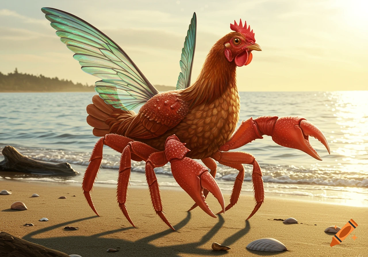 A vibrant, photorealistic fantasy creature, half chicken and half red crab with translucent wings, walks on a sandy beach at sunset.