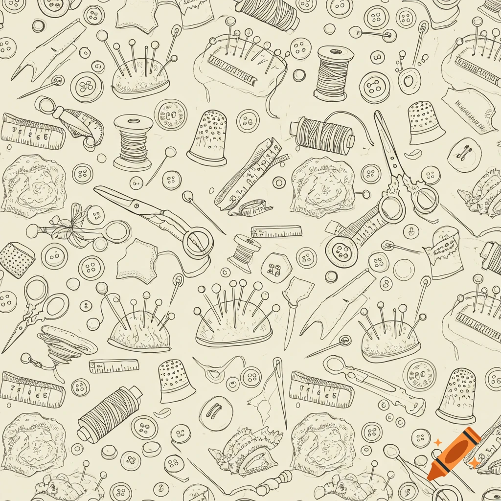 A seamless doodle pattern of various hand-drawn sewing tools including scissors, thread spools, buttons, thimbles, and pincushions on a light background.