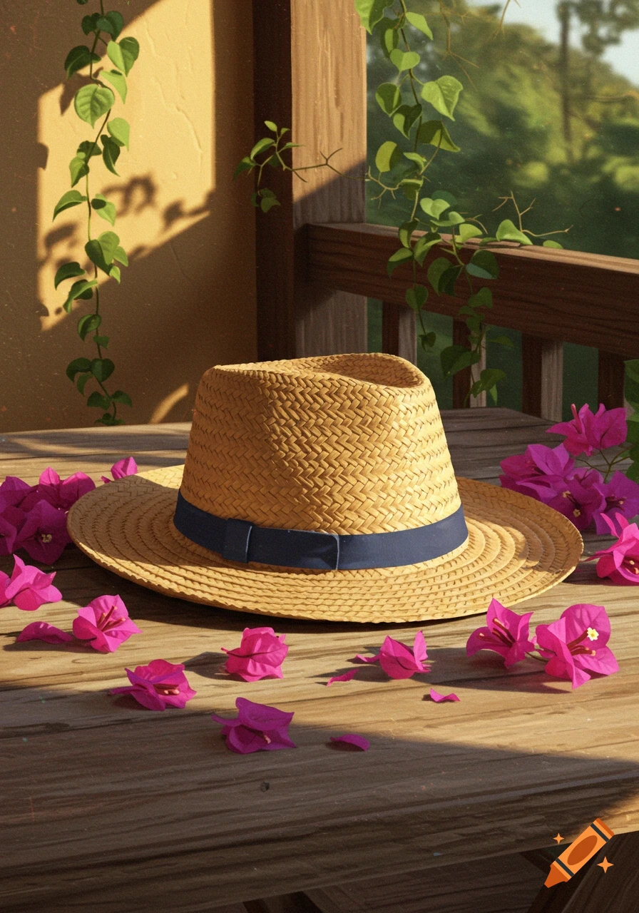 A straw hat with a blue band sits on a wooden table, surrounded by pink bougainvillea flowers, with green vines in a sunny outdoor setting.