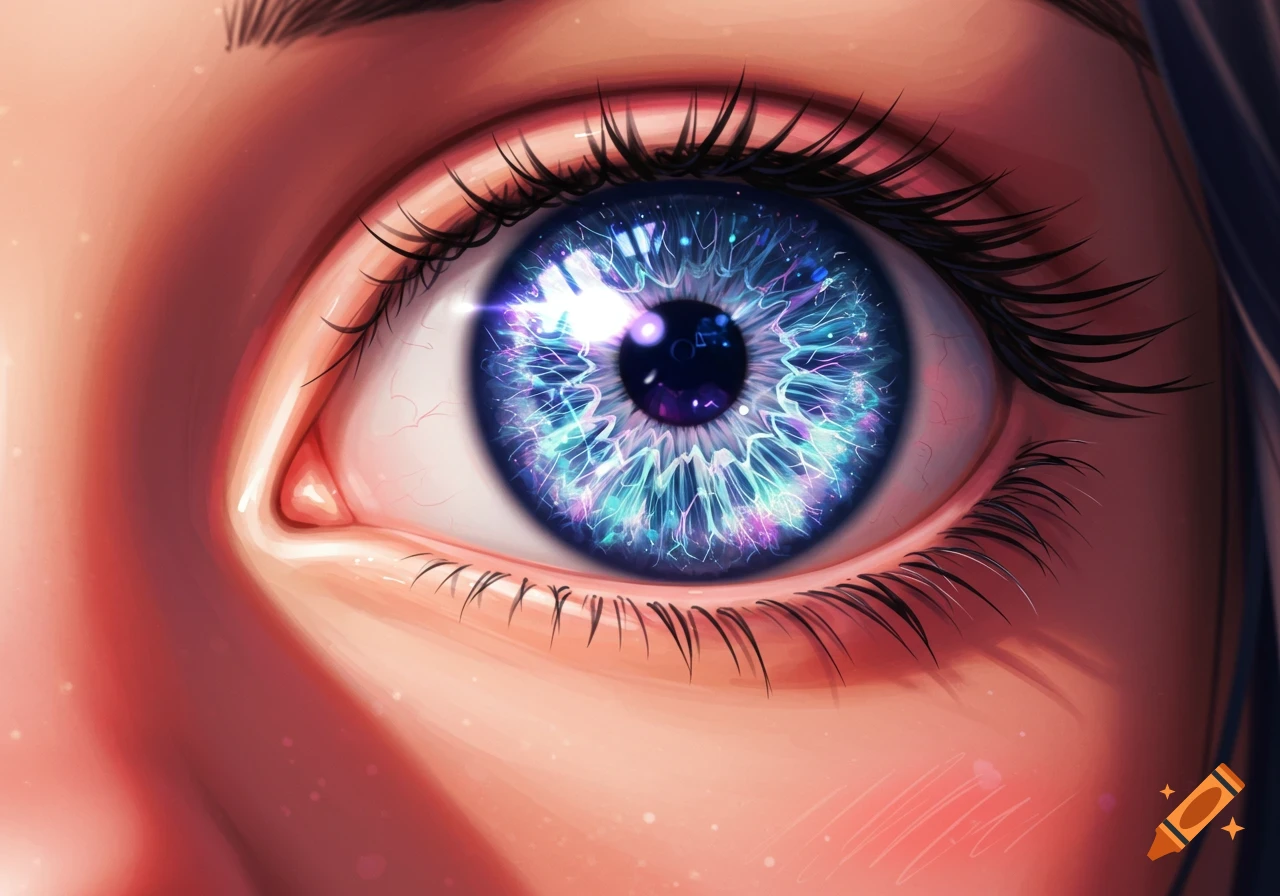Close-up of a beautiful anime eye with a glowing, blue and purple, nebula-like iris.