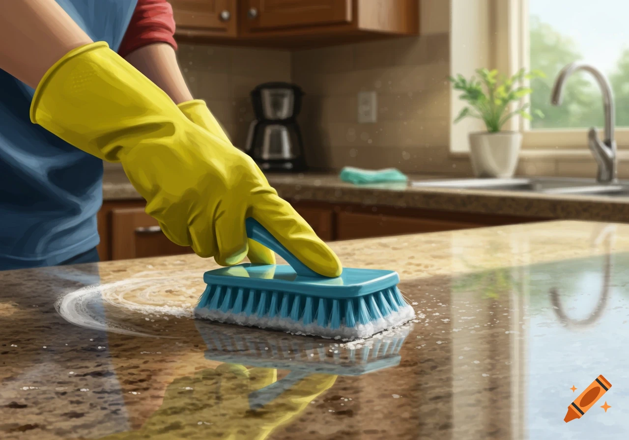 A person wearing yellow gloves scrubs a kitchen countertop with a blue brush, creating white foam, in an illustrated style.