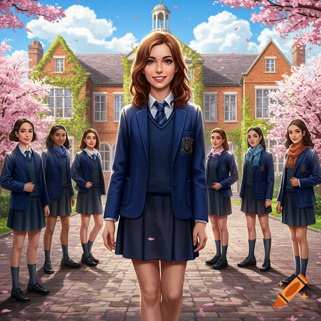 An illustration of a group of girls in blue school uniforms standing on a path in front of a school building, surrounded by pink cherry blossom trees.