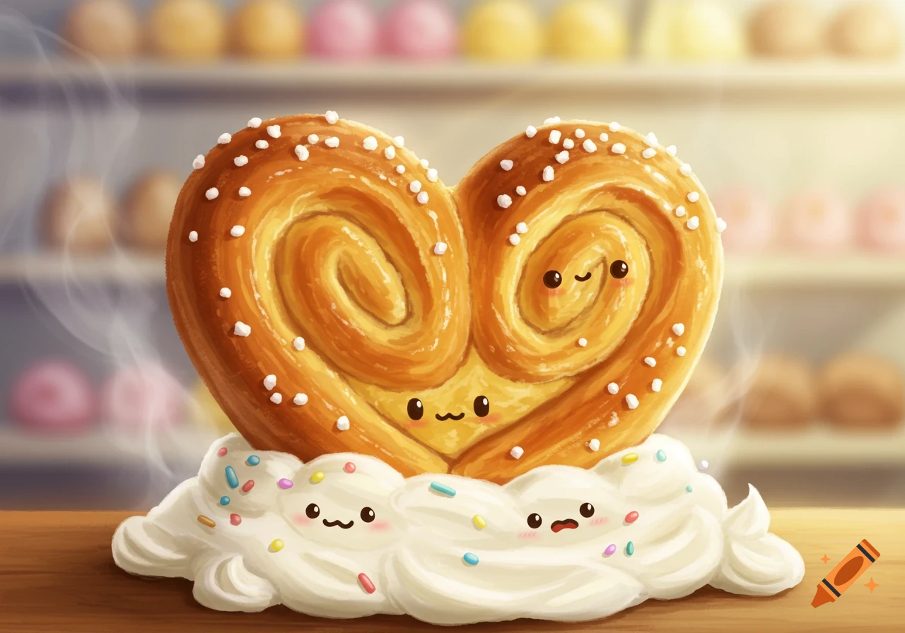 A cute, steaming heart-shaped brioche with sugar sprinkles and small faces, resting on whipped cream with sprinkles in a bakery.